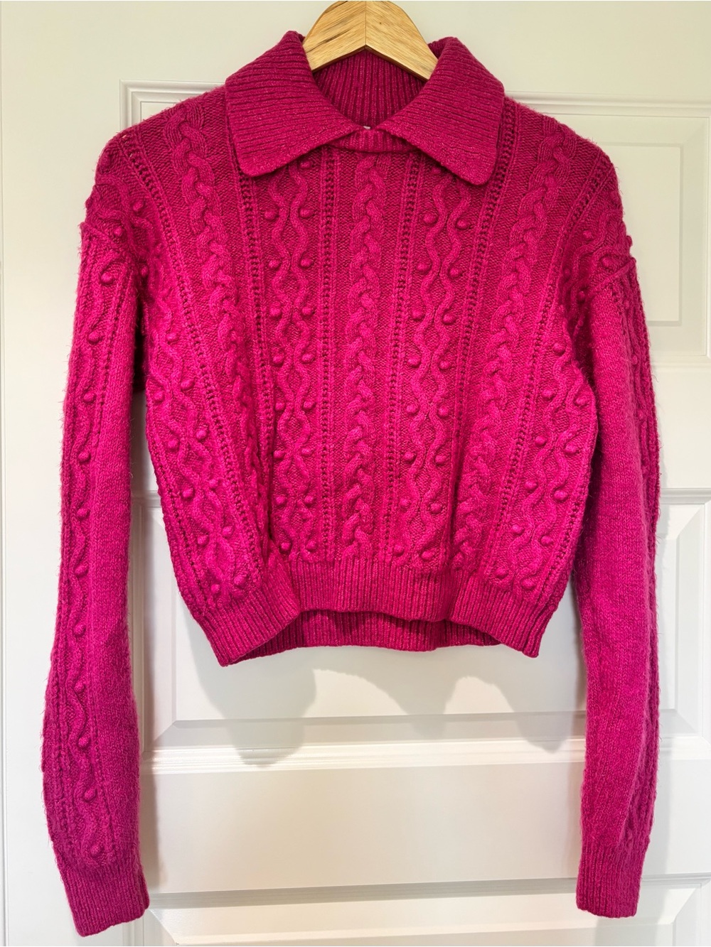 FREE PEOPLE Sz S Every Cloud Sweater Fuchsia Fizz Cable Collared Cotton Blend - Picture 4 of 11